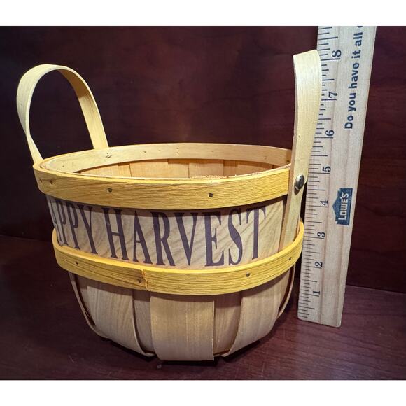Wooden Happy Harvest Basket Fall Decoration 6" Tall 6.5" Diameter - Picture 6 of 10